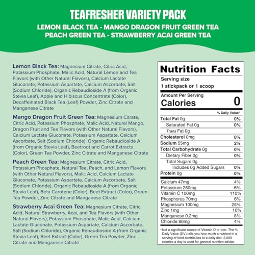 Ultima Replenisher TeaFresher Daily Electrolytes Powder and Instant Tea Mix – Sugar Free – Variety Pack, 16 Stickpacks - Hydration Packets with 4 Fruit and Tea Fusions, 6 Key Electrolytes