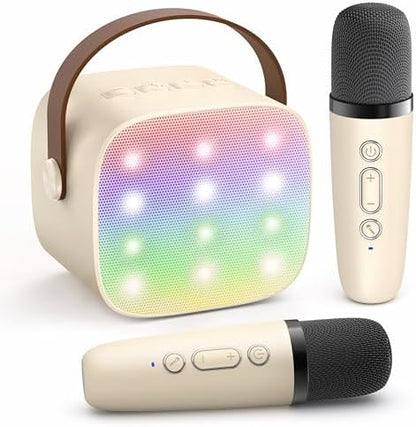 YLL Mini Karaoke Machine with 2 Wireless Microphones for Kids Adults, Portable Bluetooth Speaker Gift for Girls Toys 4, 5, 6, 7, 8, 10, 12+ Years Old Teens Birthday(Beige)
