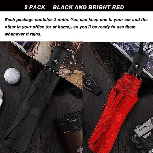 SIEPASA 2 Packs Windproof Travel Compact Umbrella, 8-Ribs Anti-UV Waterproof Folding Umbrella with Telfon Coating-One Button for Auto Open and Close. (Black & Red, 2 Pack)