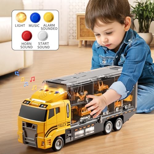 Toddler Boys Construction Truck Vehicle Toy Set with Play Mat, Die-Cast Toy Car Carrier Truck for Kids, Birthday Gifts Toys for 3-8 Year Old Boys