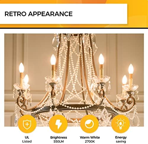 Hizashi 90+CRI Candelabra LED Light Bulbs 60 Watt, 2700K Warm White, E12 LED Bulb Dimmable, B11 Chandelier Light Bulbs, 6W, 550LM, Candle Light Bulbs, UL Listed, 12 Pack