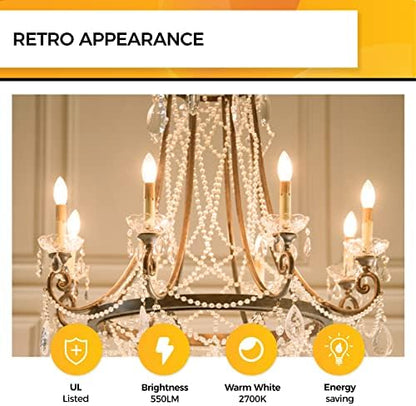 Hizashi 90+CRI Candelabra LED Light Bulbs 60 Watt, 2700K Warm White, E12 LED Bulb Dimmable, B11 Chandelier Light Bulbs, 6W, 550LM, Candle Light Bulbs, UL Listed, 12 Pack
