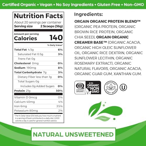 Orgain Organic Unflavored Vegan Protein Powder, Natural Unsweetened - 21g of Plant Based Protein, Non Dairy, Gluten Free, No Sugar Added, Soy Free, Non-GMO, 1.59 lb (Packaging May Vary)