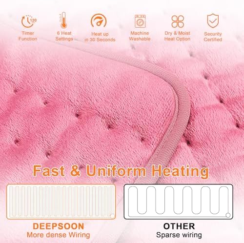 Heating Pad,Electric Heating Pads for Back,Hot Heated Pad for Abdomen,Shoulder,Knee,Multiple Temp and Auto Shut Off(BabyPink, 40''×20')