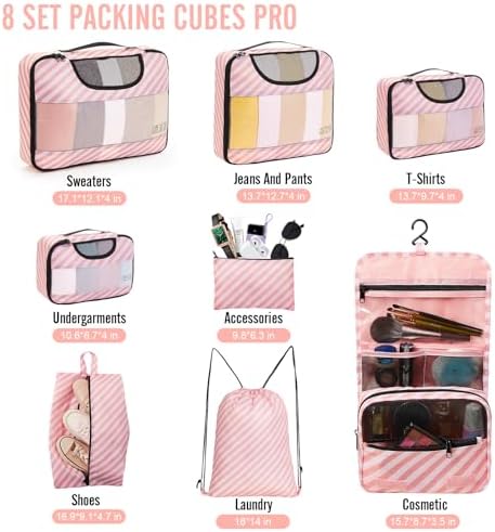 Veken 8 Set Packing Cubes for Travel Essentials, Suitcase Organizer Bags in 4 Sizes, Carry-On Luggage Accessories with Large Laundry & Hanging Toiletry Bag, Must-Have for Airplane, Road Trip & Camping