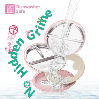 Stainless Steel Baby Plate with Suction, 9” Divided Toddler Plates with Removable Silicone Sleeves for Kids, Non-Toxic Non-Slip Unbreakable Dishwasher Safe Dinnerware Set of 2, Pink & Beige