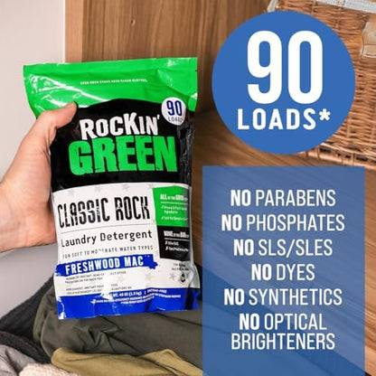 Rockin' Green Classic Rock Laundry Detergent (90 Loads), Plant based, All Natural Laundry Detergent Powder, Vegan and Biodegradable Odor Fighter, Safe for Sensitive Skin, 45 oz (Freshwood Mac)