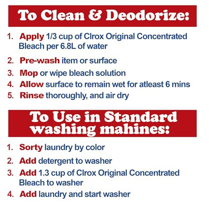 Clorox Bleach Cleaner, 2 Pack Original Concentrated Bleach, Easy Pour Bottle with Handle, Moldand Mildew Remover, Removes Stains and Whitens, 43 oz Each