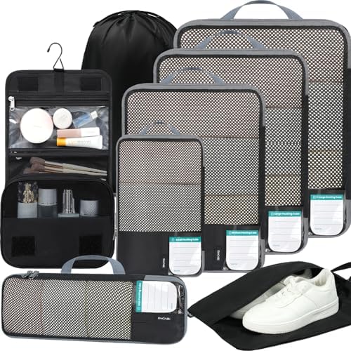 BAGAIL 4 Set/6 Set/8 Set Compression Packing Cubes Travel Accessories Expandable Packing Organizers (Half Mesh, 8-Jet Black)