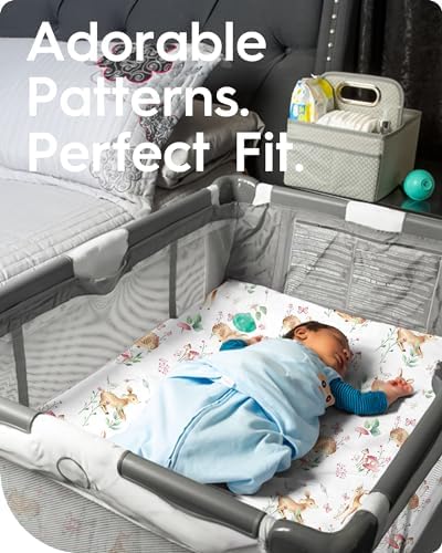 Mini Crib Sheets 24x38, Ultra Soft Pack N Play Sheets Fitted Boy Girl, Neutral Pack and Play Mattress Sheets, Premium Jersey Knit Portable Crib Sheets Hypoallergenic, Forest Bear & Deer