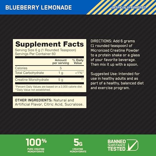 Optimum Nutrition Micronized Creatine Monohydrate Powder, Blueberry Lemonade Creatine, 60 Servings, 360 Grams (Packaging May Vary)