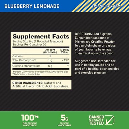Optimum Nutrition Micronized Creatine Monohydrate Powder, Blueberry Lemonade Creatine, 60 Servings, 360 Grams (Packaging May Vary)