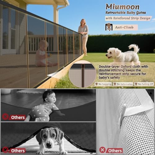 Upgraded 120 inch Retractable Baby Gates Extra Wide with Reinforced Strip Design to Prevent Crawling Through, 10 Foot Retractable Dog Gate, 34" Tall, Retractable Gate for Indoor/Outdoor