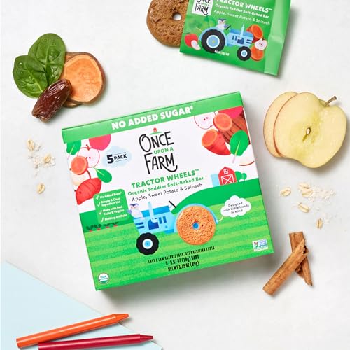 Once Upon a Farm | Organic Toddler Soft-Baked Bar Tractor Wheels | Apple, Sweet Potato & Spinach | Made with Real Fruit & Veggies | No Added Sugar | 8 Boxes