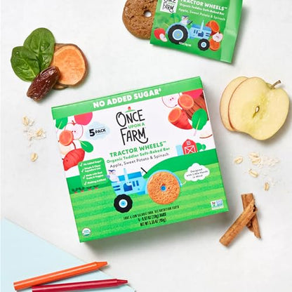 Once Upon a Farm | Organic Toddler Soft-Baked Bar Tractor Wheels | Apple, Sweet Potato & Spinach | Made with Real Fruit & Veggies | No Added Sugar | 8 Boxes