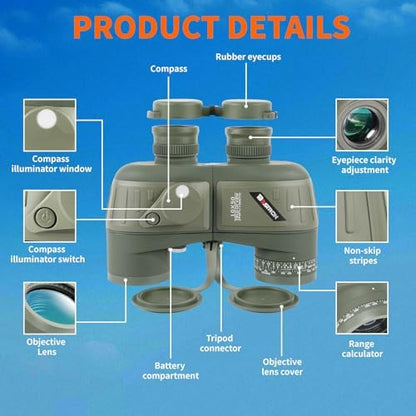 10X50 Marine Binoculars with Rangefinder Compass,Phone Adapter,Strap,BAK4 Lens,Shockproof Military Tacticle IPX7 Floating Waterproof Binocular for Adults Sailing Boating Hunting Birdwatching