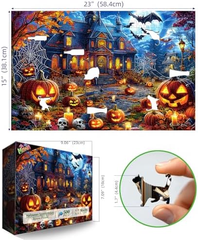 Halloween Jigsaw Puzzles 500 Pieces for Adults - Spooky Haunted House Puzzle with Jack-O-Lanterns, Bats & Full Moon - 500 Piece Puzzles for Adults, Families & Seniors - 23"x15"