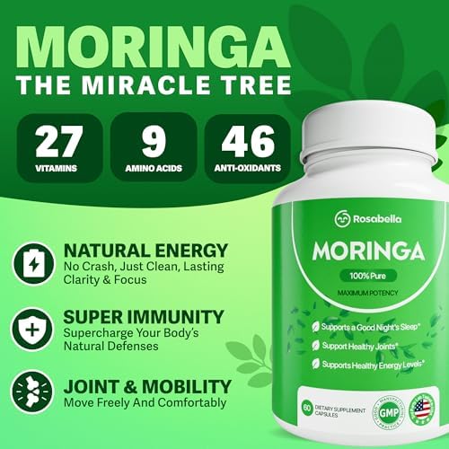 Rosabella Moringa Capsules - Pure Moringa Powder, Energy, Skin, Immune & Gut Health Superfood, Rich in Antioxidants, Essential Vitamins & Amino Acids, Natural Green Superfood Supplement - 180 Count