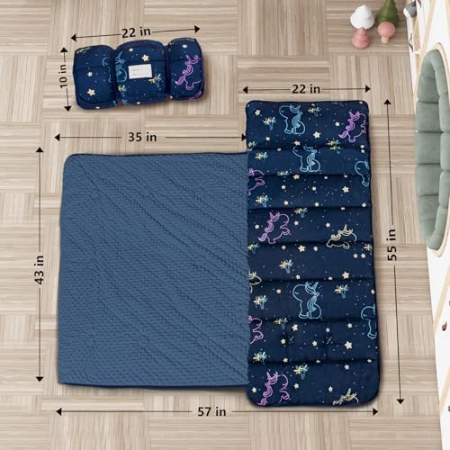 Primlect Thickened Toddler Nap Mat with Removable Pillow and Minky Blanket, Extra Large 55''x35'' Sleeping Bag, Washable, Roll up, Perfect for Daycare, Preschool, Kindergarten, Boys and Girls Unicorn