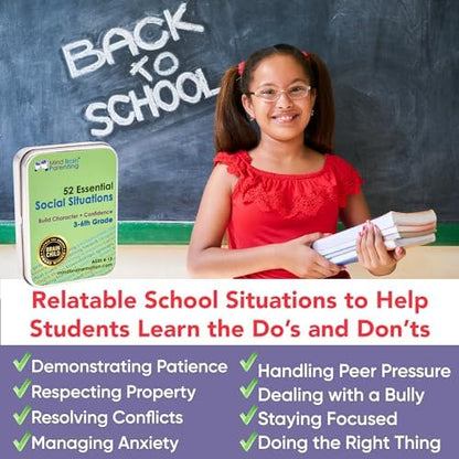 52 Essential Social Situations - Social Skills Activities for Kids (3-6th Grade) - Social Emotional Learning & Growth Mindset for Family, Classroom, Counseling - Conversation Card Games for Kids 8-12