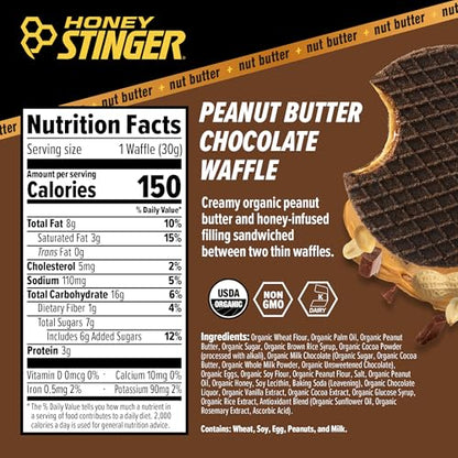Honey Stinger Organic Peanut Butter Chocolate Waffle, Energy Stroopwafel for Exercise, Endurance and Performance, Sports Nutrition for Home & Gym, Pre & During Workout, 16.96 Ounces (Pack of 16)