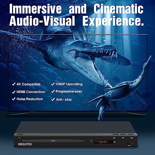 MEGATEK Region-Free HDMI DVD Player for TV, Compact CD/DVD Player for Smart TV, USB Port, Plays All Region DVDs & Multi Formats, Metal Housing, HDMI/RCA Cables & Remote Included