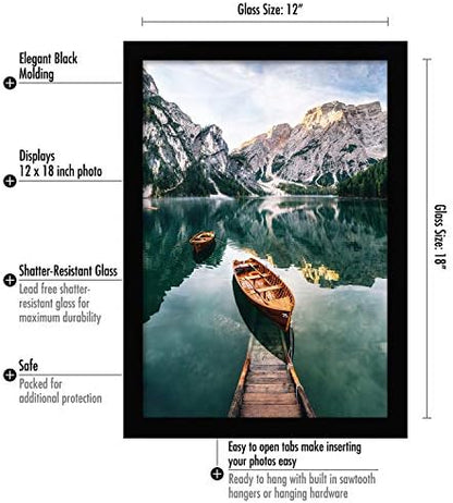 Americanflat 12x18 Poster Frame with Shatter-Resistant Glass - Signature Collection - Gallery-Style Frames Made of Engineered Wood - Photo Frame for Wall Display - Black