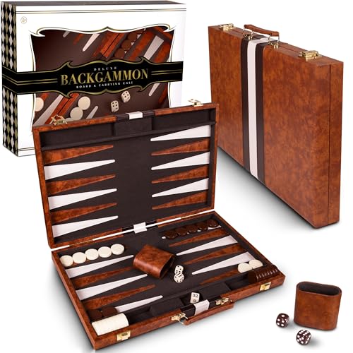 Crazy Games Backgammon Sets for Adults with Premium Leather Case | Classic Travel Backgammon Set for Adults and Kids with Strategy & Guide | 15 Inches | Medium | Brown