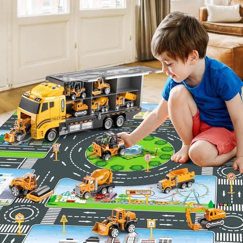 Toddler Boys Construction Truck Vehicle Toy Set with Play Mat, Die-Cast Toy Car Carrier Truck for Kids, Birthday Gifts Toys for 3-8 Year Old Boys