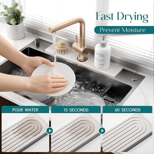 Stone Faucet Mat for Kitchen Sink – Diatomite Drying Stone Mat & Sink Protector, Prevents Moisture – Sink Splash Guard Water-Absorbing Stone Tray for Bathroom Counter [Light Grey, 20" x 3.9"]