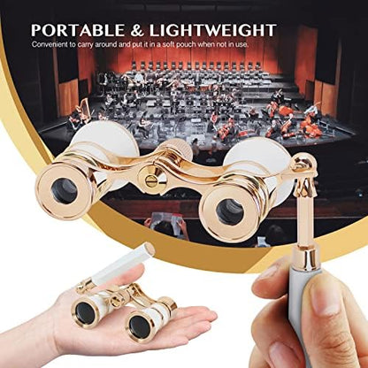 Aomekie Opera Glasses Binoculars 3X25 Theater Glasses Lorgnette Mini Binocular Compact with Handle for Adults Women in Musical Concert（White）