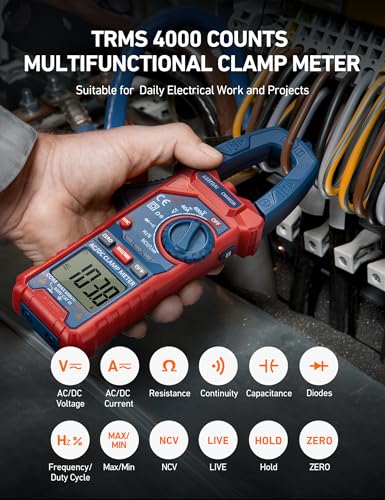 AstroAI Digital Clamp Meter Multimeter 4000 Counts Auto-ranging Amp Tester Measuring AC/DC Voltage & Current, Resistance, Capacitance, Frequency, Continuity, Live Wire Test, NCV Detection