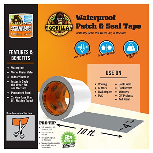 Gorilla Waterproof Patch & Seal Tape, White Tape, 4" x 10' (Pack of 4) - Permanent Weather Resistant Seal for Leaks and Repairs