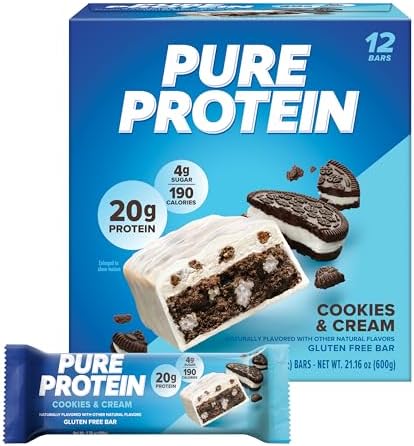 Pure Protein Bars, High Protein, Nutritious Snacks to Support Energy, Low Sugar, Gluten-free, Cookies and Cream, 1.76oz, 12 Pack