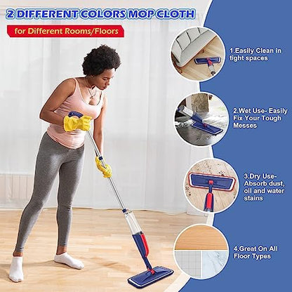 Wet Dust Mops for Hardwood Floor Cleaning - MEXERRIS Spray Mops with 4X Reusable Washable Pads 2X Bottles Microfiber Wood Floor Mop Home Commercial Use for Hardwood Wood Laminate Ceramic Tiles