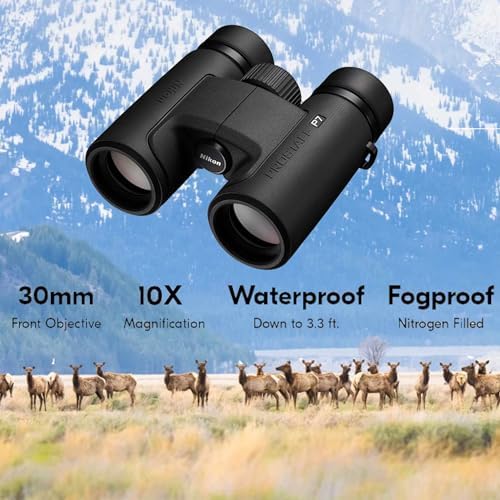 Nikon PROSTAFF P7 10x30 (16771) Black Binoculars Bundle with Lens Pen and Cleaning Cloth, Compact Binoculars for Adults for Hunting, Bird Watching, and Hiking Essentials, Zoom
