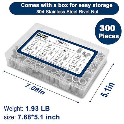 Metric & SAE Rivet Nut Assortment Kit(300 Pcs), M3 M4 M5 M6 M8 M10 M12#8-32#10-24 1/4"-20 5/16"-18 3/8"-16 304 Stainless Steel Rivnut Set UNC Flat Head Nutsert