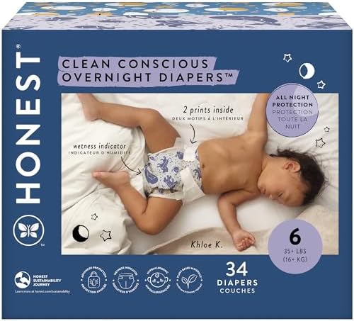 The Honest Company Clean Conscious Overnight Diapers for Sensitive Skin | Hypoallergenic, Fragrance Free | Cozy Cloud + Star Signs | Club Box, Size 6 (35+ lbs), 34 Count