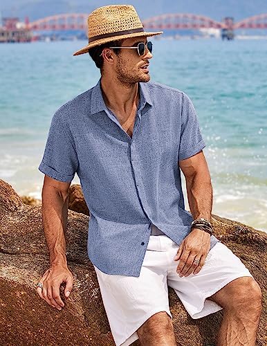 COOFANDY Men's Linen Shirts Short Sleeve Casual Shirts Button Down Shirt for Men Beach Summer Wedding Shirt