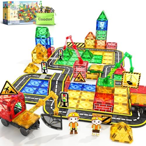 100 PCS Magnetic Tiles Road Set with 3 Cranes & 2 Cars - Magnetic Blocks City Construction Building Toys for 3+ Year Old Boys Girls Ideal Preschool Learning Outdoor Creative Toddler Kids Toys