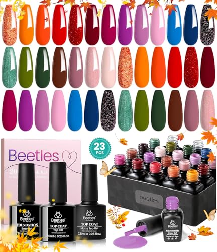 Beetles Fall Gel Nail Polish Set - Fall Yard Gel Polish Kit, 20 Color Orange Burgundy Red Navy Blue Glitter, Soak Off LED UV with Gel Base and Top Coat Nail Art Manicure Gift for Women