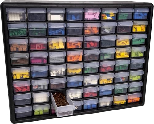 Akro-Mils 64-Drawer Plastic Drawer Storage Cabinet for Garage Organization, Bead Organizer, Building Bricks Storage, Teacher Toolbox, Makeup Organizer, 20-Inch W x 6-Inch D x 16-Inch H, 10164 Black