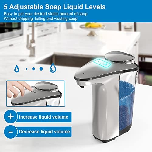 Automatic Soap Dispenser, Touchless Dish Soap Dispenser 17oz/500ml with Upgraded Infrared Sensor, 5 Adjustable Soap Dispensing Levels, Liquid Hand Dispenser for Bathroom (Silver Set)