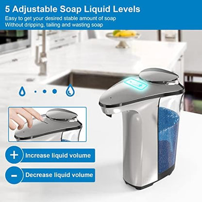 Automatic Soap Dispenser, Touchless Dish Soap Dispenser 17oz/500ml with Upgraded Infrared Sensor, 5 Adjustable Soap Dispensing Levels, Liquid Hand Dispenser for Bathroom (Silver Set)