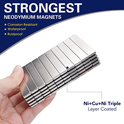 MIKEDE 50 Pack Neodymium Bar Magnets, Super Strong Heavy Duty with Double-Sided Adhesive, Powerful Rare Earth Magnets Bars for Craft, Fridge, Kitchen, Office - 60x10x3mm