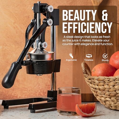 Zulay Kitchen Cast-Iron Orange Juice Squeezer - Easy-to-Clean, Heavy-Duty, Professional Citrus Juicer - Stainless Steel Lemon Squeezer - Manual Citrus Press & Orange Squeezer - Orange Juicer (Black)