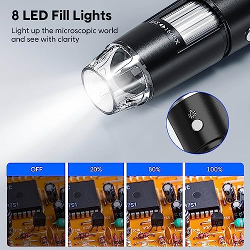 USB Digital Microscope, 50x-1600x Magnification Handheld, 1440P HD 8 LED Lights, Portable Pocket Microscope, Compatible with iOS and Android Devices, 2MP Magnifier Microscopes Camera for Adults, Kids