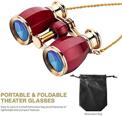 ESSLNB Opera Glasses Binoculars for Women Adults 4X30mm Theater Glasses Compact Binoculars for Theater and Concerts Antique with Case Removable Chain (Red)