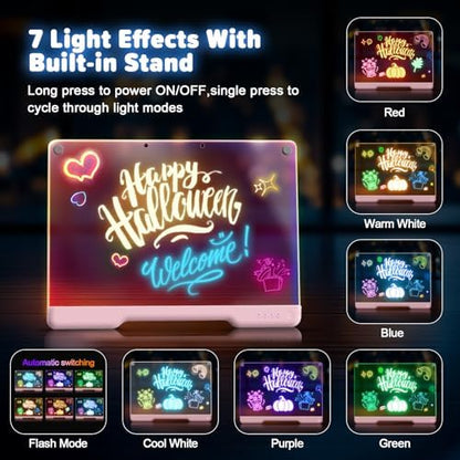 16-Inch Rechargeable Doodle Glow LED Note Board, 7-Color Light Modes, Neon Art Dry Erase Light Up Drawing Pad with Built-in Stand, Sketching Gift Toy for Kids/Girls/Teens, 5 Markers & Tracing Book