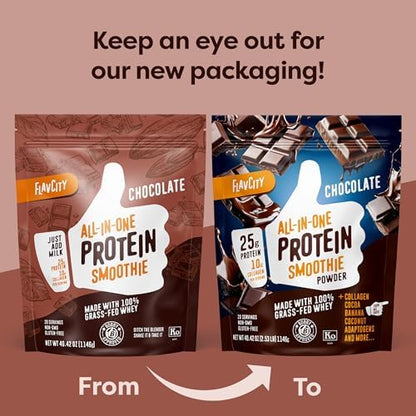 FlavCity Grass Fed Whey Chocolate Protein Powder - 25g Protein & 10g Collagen - Made with Organic Cocoa, Bananas & Coconut Milk - Gluten Free & No Added Sugars (20 Servings)